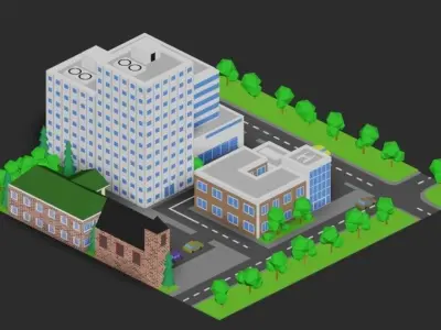 3D Isometric city in Blender Low-poly 3D model