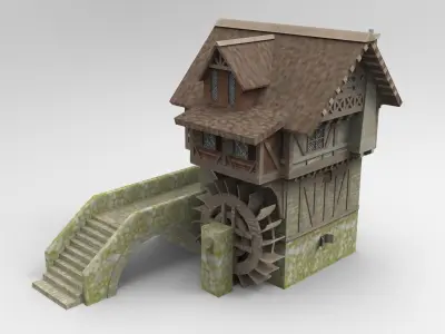 medieval house with a water mill Low-poly 3D model