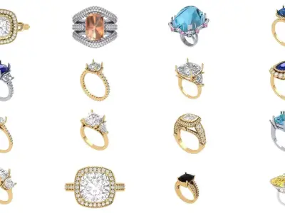 Cushion Solitaire Art deco Ring Collaction 3D Model Collection