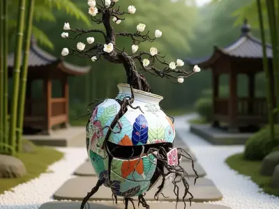 Cracked Porcelain Vase Blossoming Tree Surreal Art Sculpture Low-poly 3D model