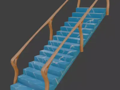 Blue Marble Staircase with Organic Wooden Handrails 3D model