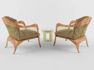 sitting set lounge chair made of wood and wicker 3D model
