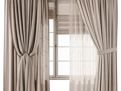 Herringbone Linen Curtain Set with Roman Blind and Sheer Layer 3D model