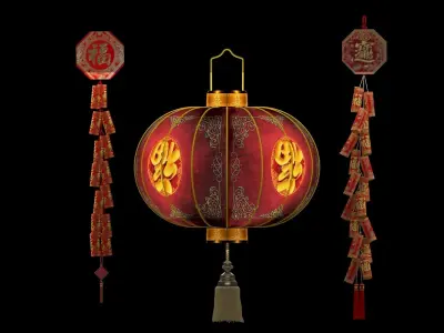 Chinese red lantern anf fire cracker 3D model