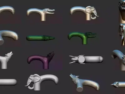 Animals heads Walking Stick Handle 3D Printable Model CNC 3D Model Collection