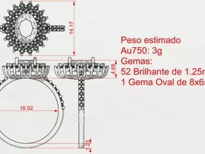 Oval Gem Ring with Double Brilliant Halo 3D print model