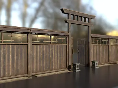Japanese wooden modular fence  Low-poly 3D model