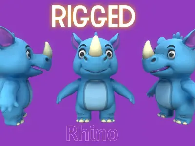 Rigged Blue Cute Playful Rhino  Low-poly 3D model