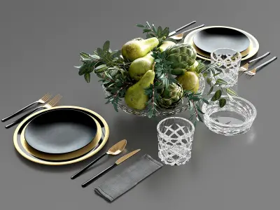 Table setting with Fruits and artichoke in crystal vase 3D model
