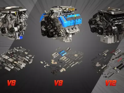 V6 V8 V12 Full internal and external parts - Disassembled Parts 3D Model Pack