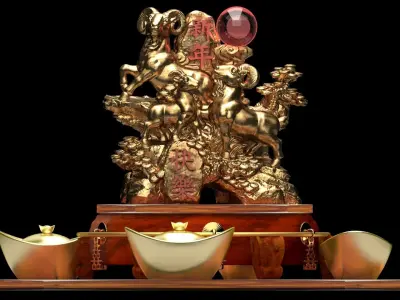 Chinese gold Ingot and goats 3D model