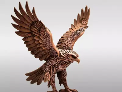 Ornate Eagle with Tribal Engraved Wings Fantasy Bird Sculpture 3D print model