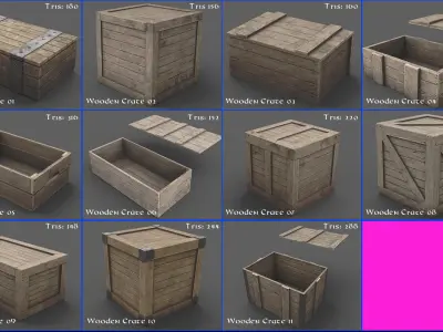 Pack of 11 low poly medieval wooden crates  Low-poly 3D model