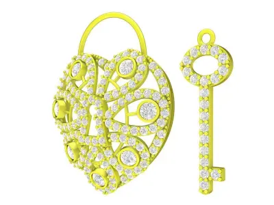 A7439 Diamond Heart Lock and Key Women Pendant 3D Model 3D print model