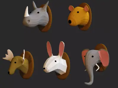 cartoon animals head decoration low poly 3d models for game Low-poly 3D model