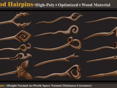 15 Wood Hairpins-High Poly-Optimized- FBX-OBJ- Wood Material  3D model