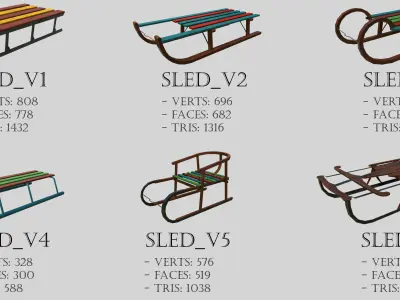 Christmas Set of 6 Old Wooden Sleds Low-poly 3D model