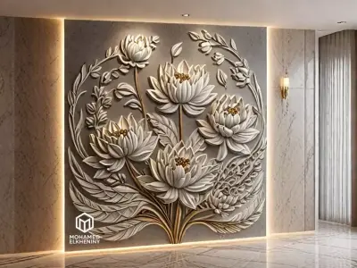 Lotus flowers wall art set relief STL panel carving CNC 262  3D model