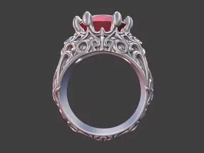 silver skull gemstone scrollwork ring 3D print model