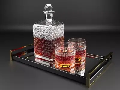 WHISKEY SET two glasses and decanter on tray 3D model
