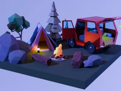 isometric  campsite lowpoly model Low-poly 3D model