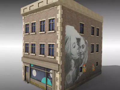 Low Poly Brick building with shop window Low-poly 3D model