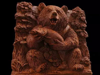 Bear with  Fish 3D Relief 3D print model