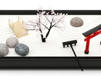 Miniature zen garden with gemstone tree torii and wooden bridge 3D model