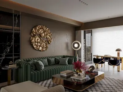 Luxury living room and dining room scene 3D model