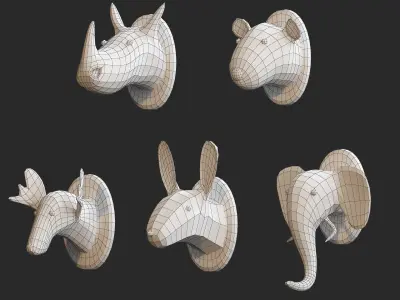cartoon animals head decoration low poly 3d models for game Low-poly 3D model