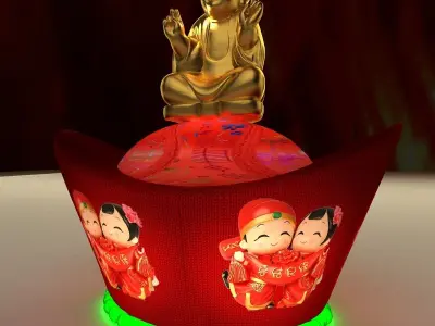 Chinese gold ingot lantern witn monk kid 3D model
