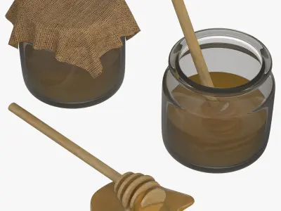 Honey in a pot and Wood Honey Dipper 3D model