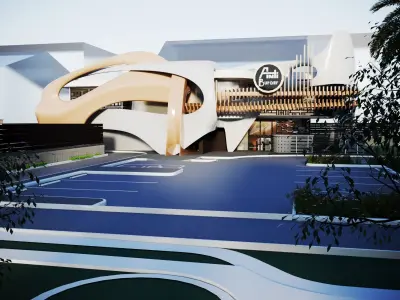 Restaurant futuristic building with palm trees 3D model