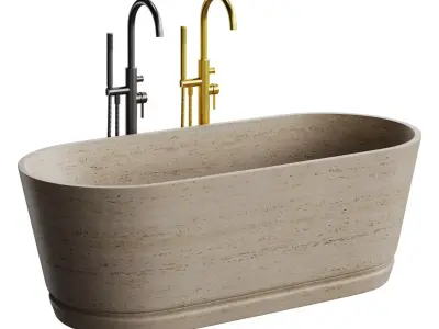Handcrafted Oval Stone Bathtub with Carved Linear Detail 3D model