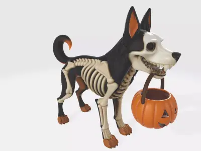 Halloween Skeleton Dog with Pumpkin Bucket Spooky Figurine 3D print model