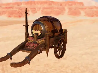 Old Wooden Cart carrying a barrel Low-poly 3D model