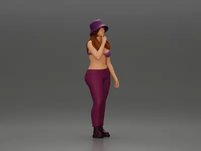 beautiful girl in pants and a hat thinking 3D print model
