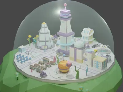 Low Poly Flying Sci Fi Island City Free low-poly 3D model