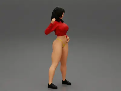 young woman wearing long sleeve crop shirt and mini short 3D print model