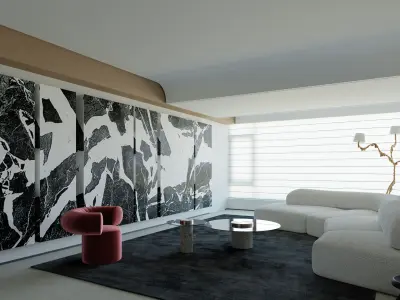 Modern Italian Minimalist Living and Dining Room Interior Scene 3D model