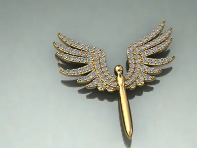 pendant gold angel wings brooch with diamonds 3D print model