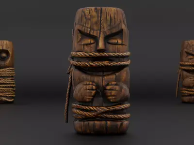Rope-Wrapped Wooden Idols Pack 3 Ancient Carved Props Low-poly 3D model
