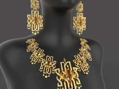jwellery gold necklace and earrings set on mannequin 3D model