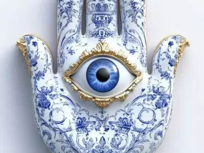 Blue and White Hamsa Hand 3D Ornate Ceramic Eye Symbol Low-poly 3D model