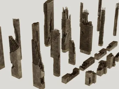 Post Apocalyptic destroyed skyscrapers Pack 3D model