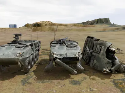 Stryker Armored Vehicle 3 Models Clean to Ruined Low-poly 3D model