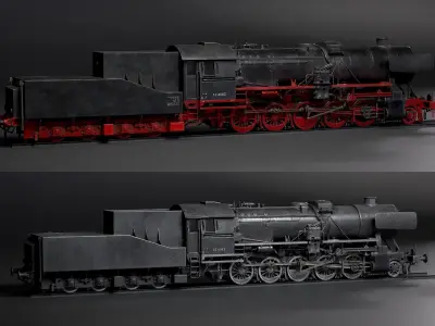 BR-52 Steam Locomotive Set Low-poly 3D model