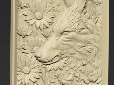 Wolf Head and Flowers A47 3D print model