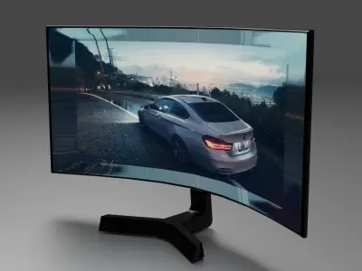Monitor curved tv screen with car Free 3D model