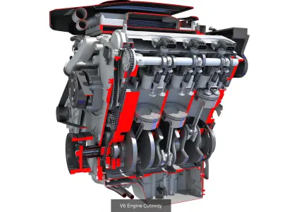 V6 Engine with Cutaway 3D Model Collection